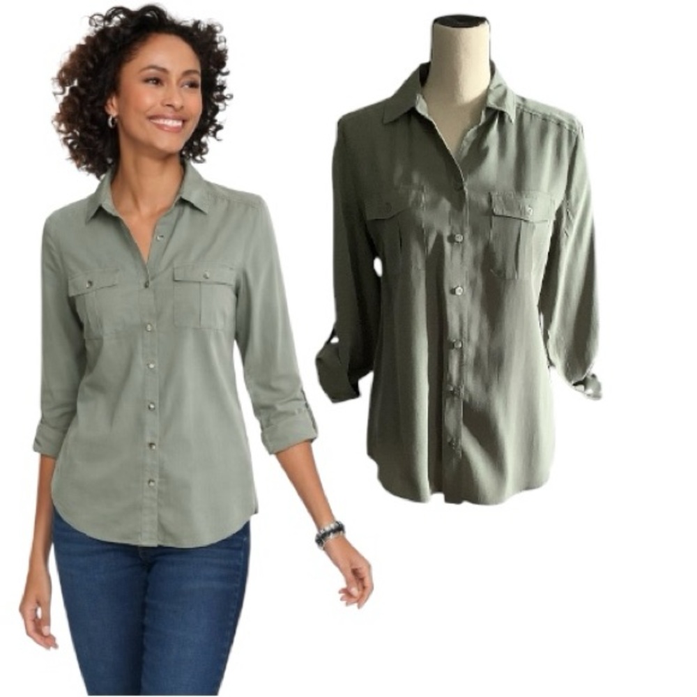 Sage Green Button-Front Utility Shirt